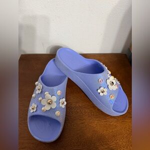 Crocs Classic Platform Glitter Slides Sandals Womens 8 Purple Moon Jelly charms